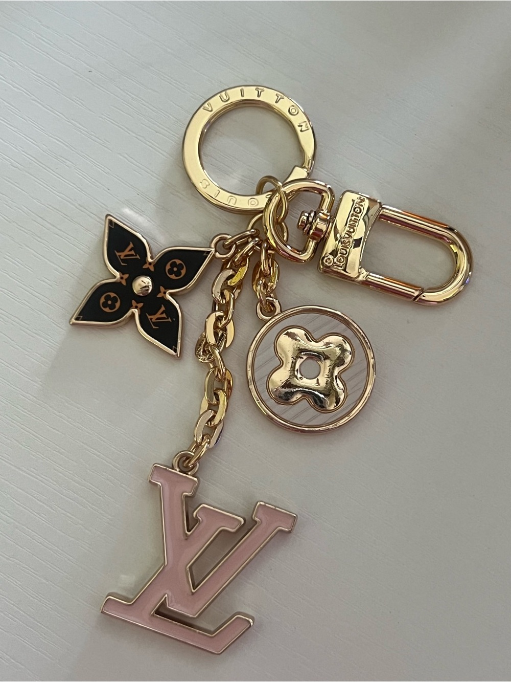 Louis Vuitton Pink and Black Enamel Logo Charm Key Holder with Gold Hardware